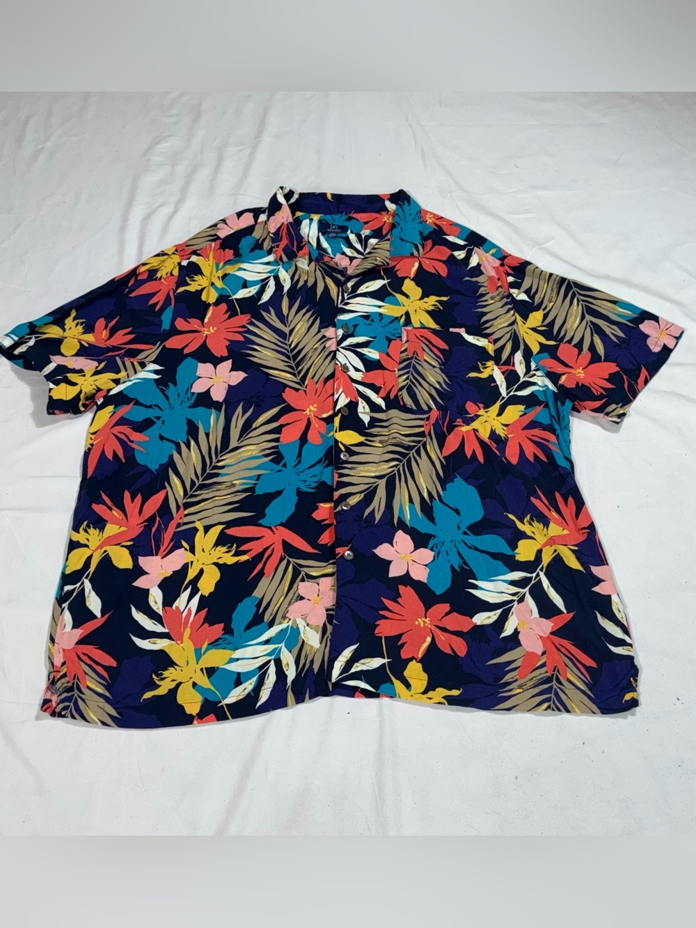 George Men's 2XL Tropical Floral Hawaiian Button Down Shirt Navy Multicolor B32